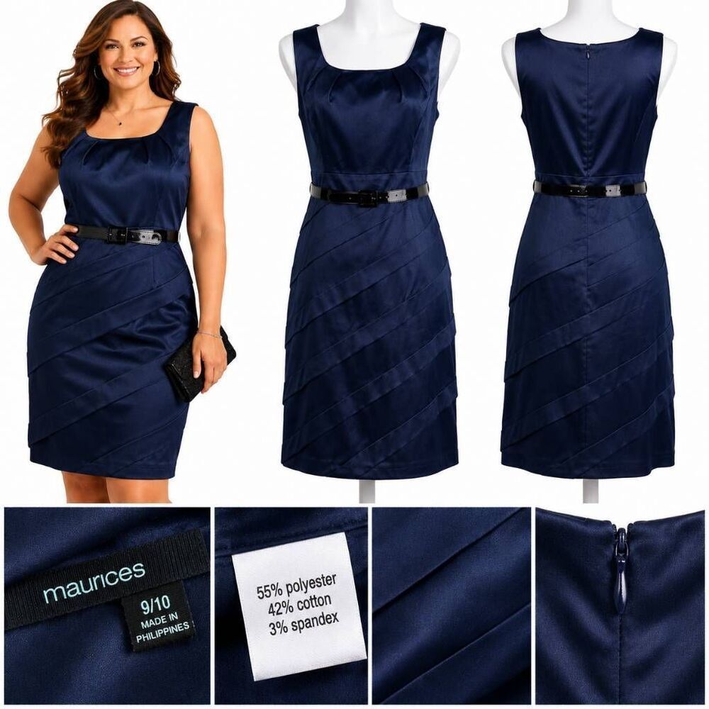 Maurices Navy Satin Sheath Dress Belted Size 9/10 Midi